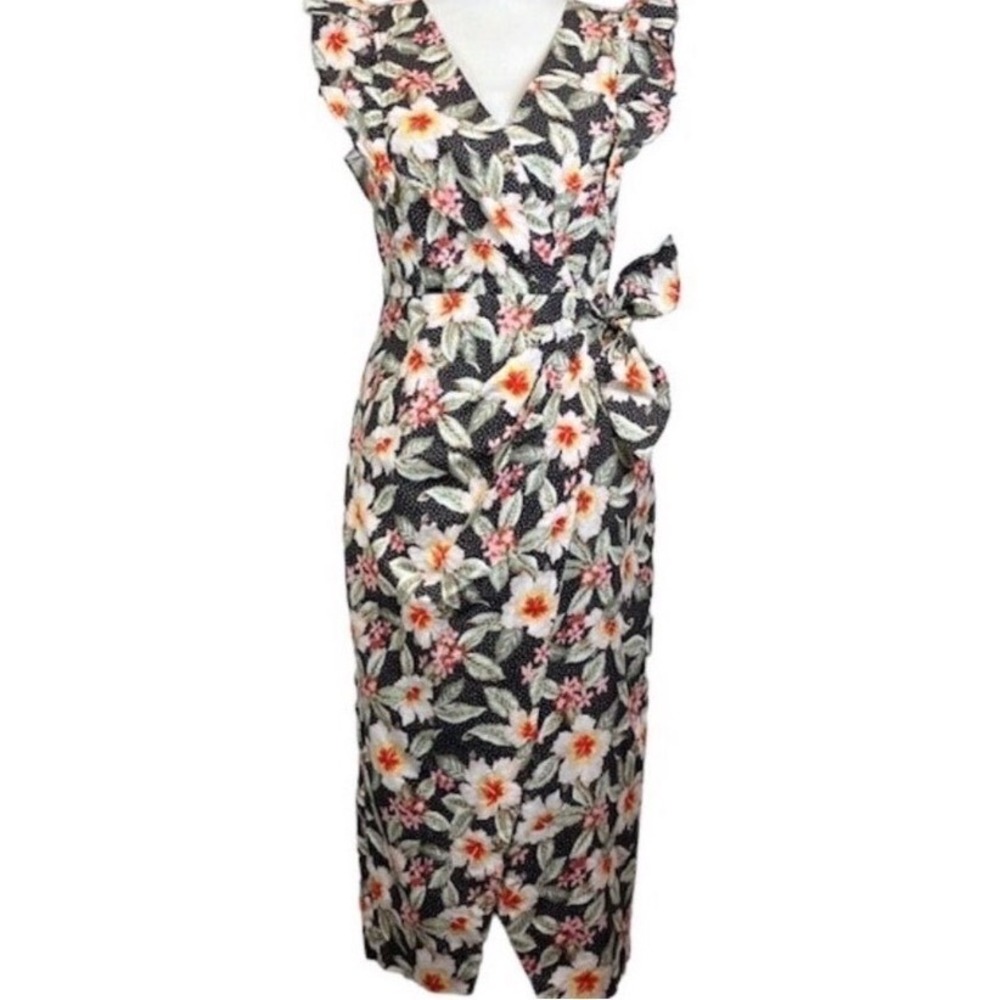 Rebecca Taylor Kamea black & floral ruffle Wrap Cotton & Linen Dress Size 4